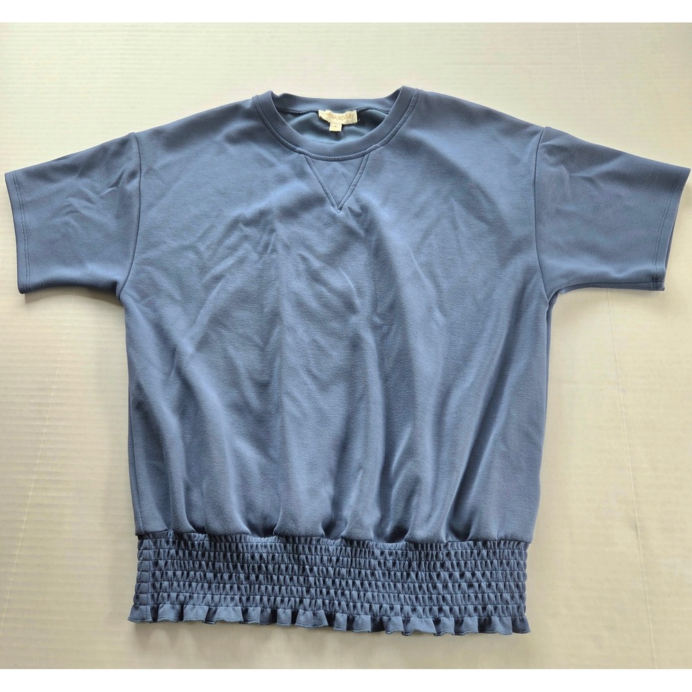 Cynthia Rowley Womens Blue Short Sleeve Smocked Hem Sweatshirt Top Small